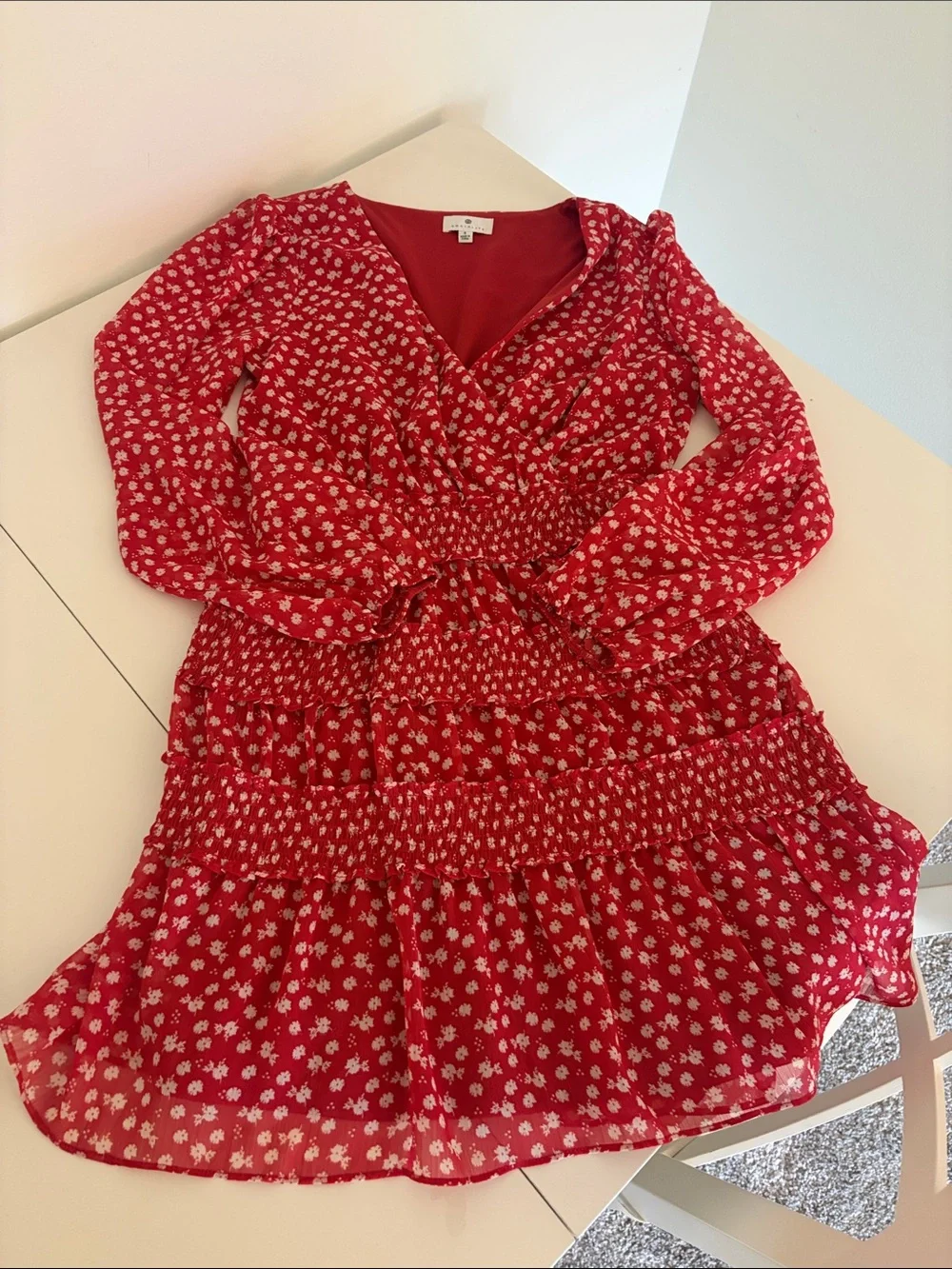 Socialite Red Ruffled Dress with White Flower Detail